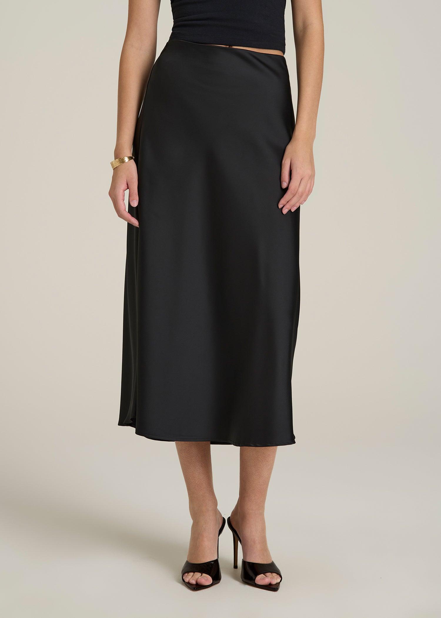 Pull-On Satin Midi Skirt for Tall Women in Black Female Product Image