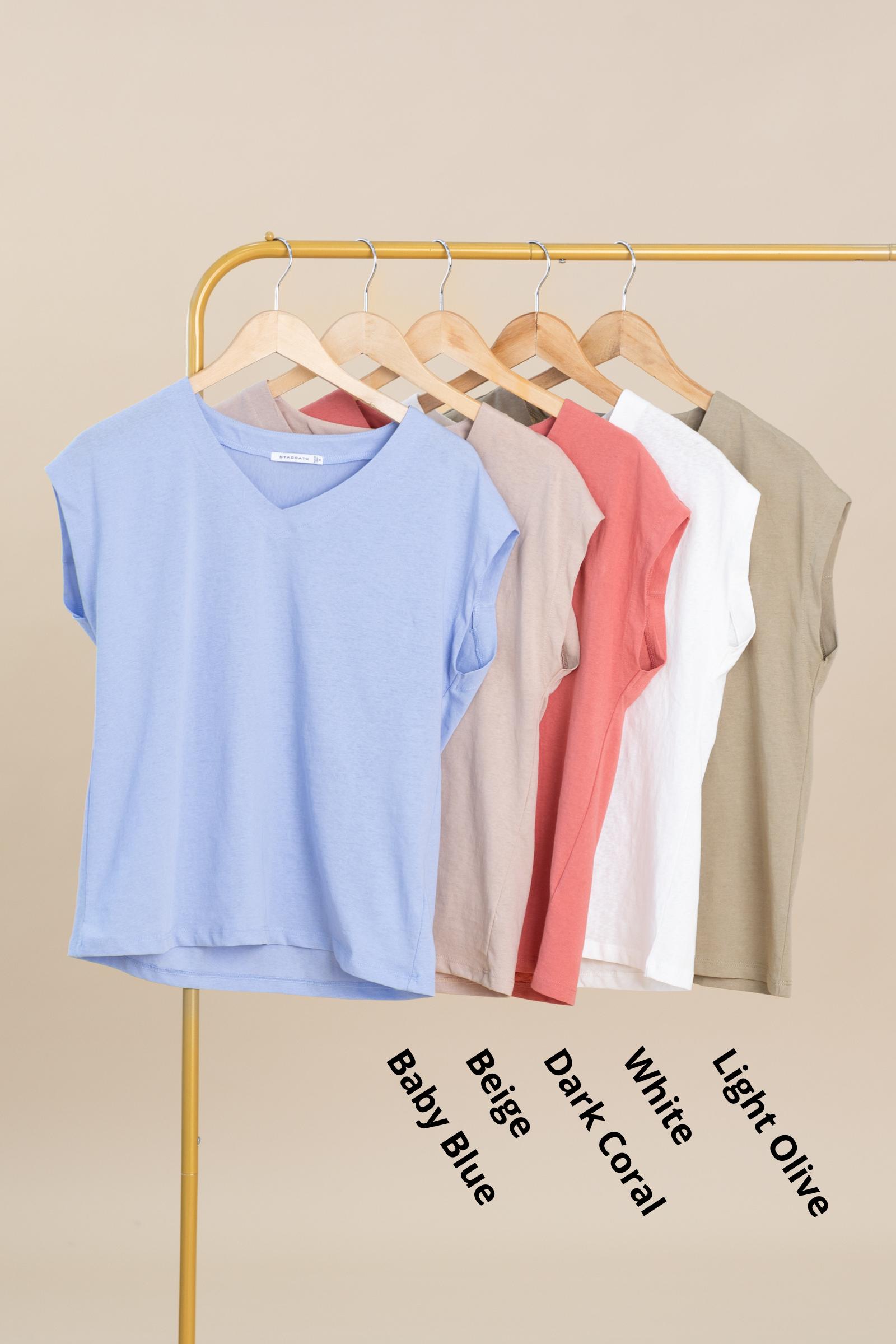 V-Neck Cap Sleeve Solid Linen Feel Top Product Image