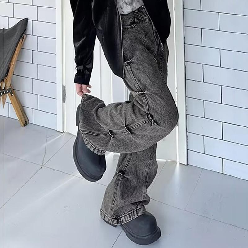 Sopula Retro Wasteland Style Washed Pleated Bootcut Jeans Product Image