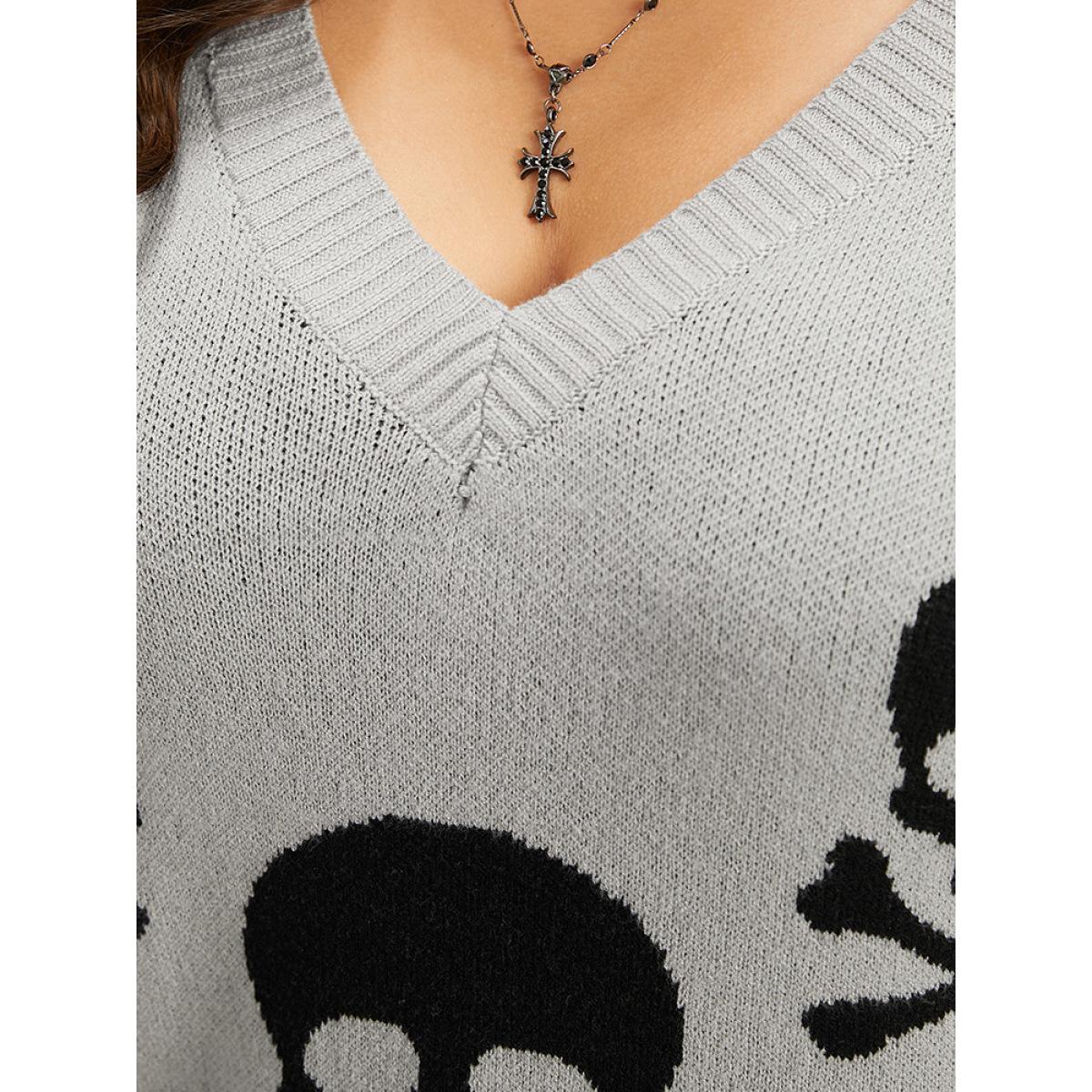 Plus Size Supersoft Essentials Halloween Skull Print V Neck Pullover LightGray Women Casual Long Sleeve V-neck Festival-Halloween Pullovers BloomChic 22-24/3X Product Image