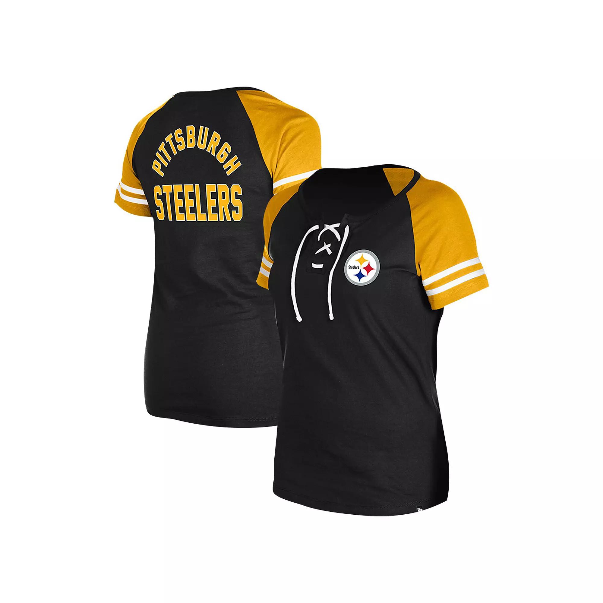 Women's New Era Black Pittsburgh Steelers  Lace-Up Raglan T-Shirt, Size: Small Product Image