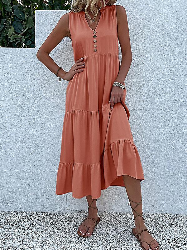 Loose Sleeveless Pleated Split-Joint V-Neck Midi Dresses Product Image