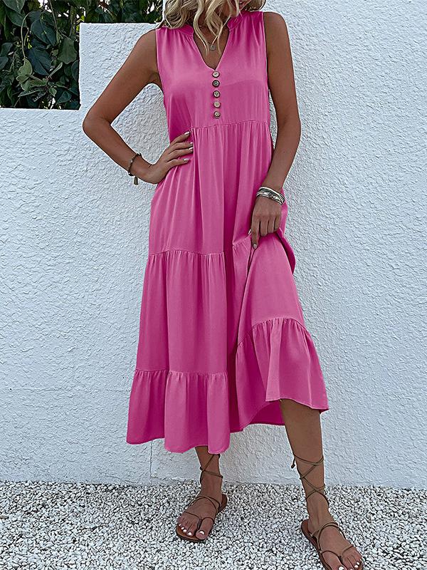 Loose Sleeveless Pleated Split-Joint V-Neck Midi Dresses Product Image