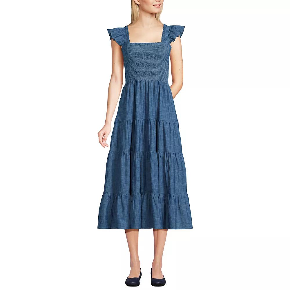 Women's Lands' End Chambray Smocked Ruffle Shoulder Midi Dress,  Product Image