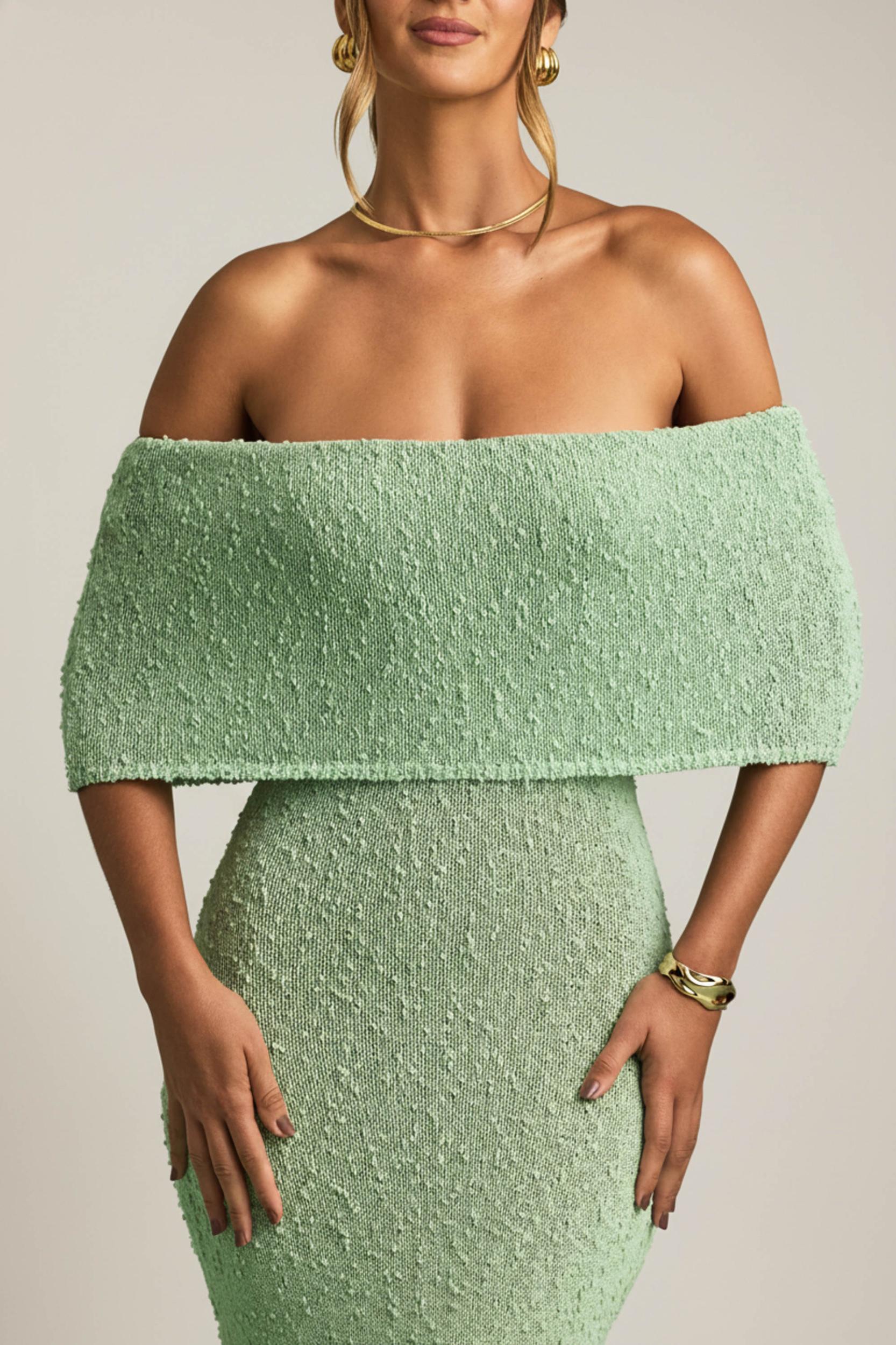 Bouclé Off-Shoulder Maxi Dress in Mint Girls Product Image