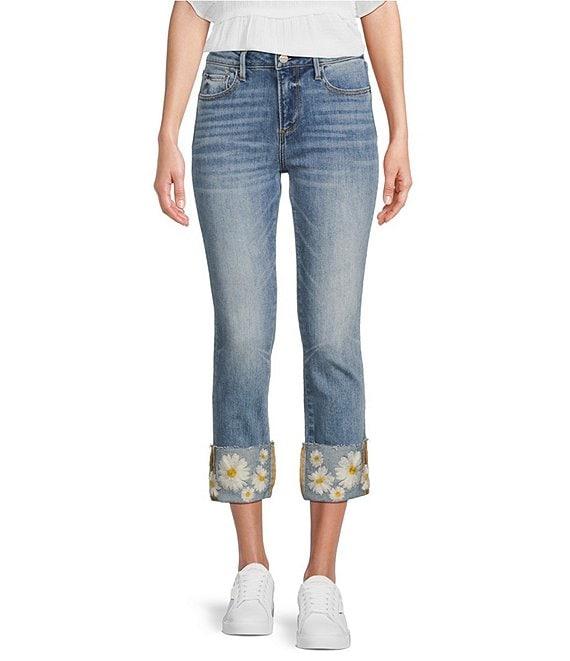 Driftwood Colette Stretch Denim Embroidered Daisy Cuffed Cropped Straight Leg Jeans Product Image
