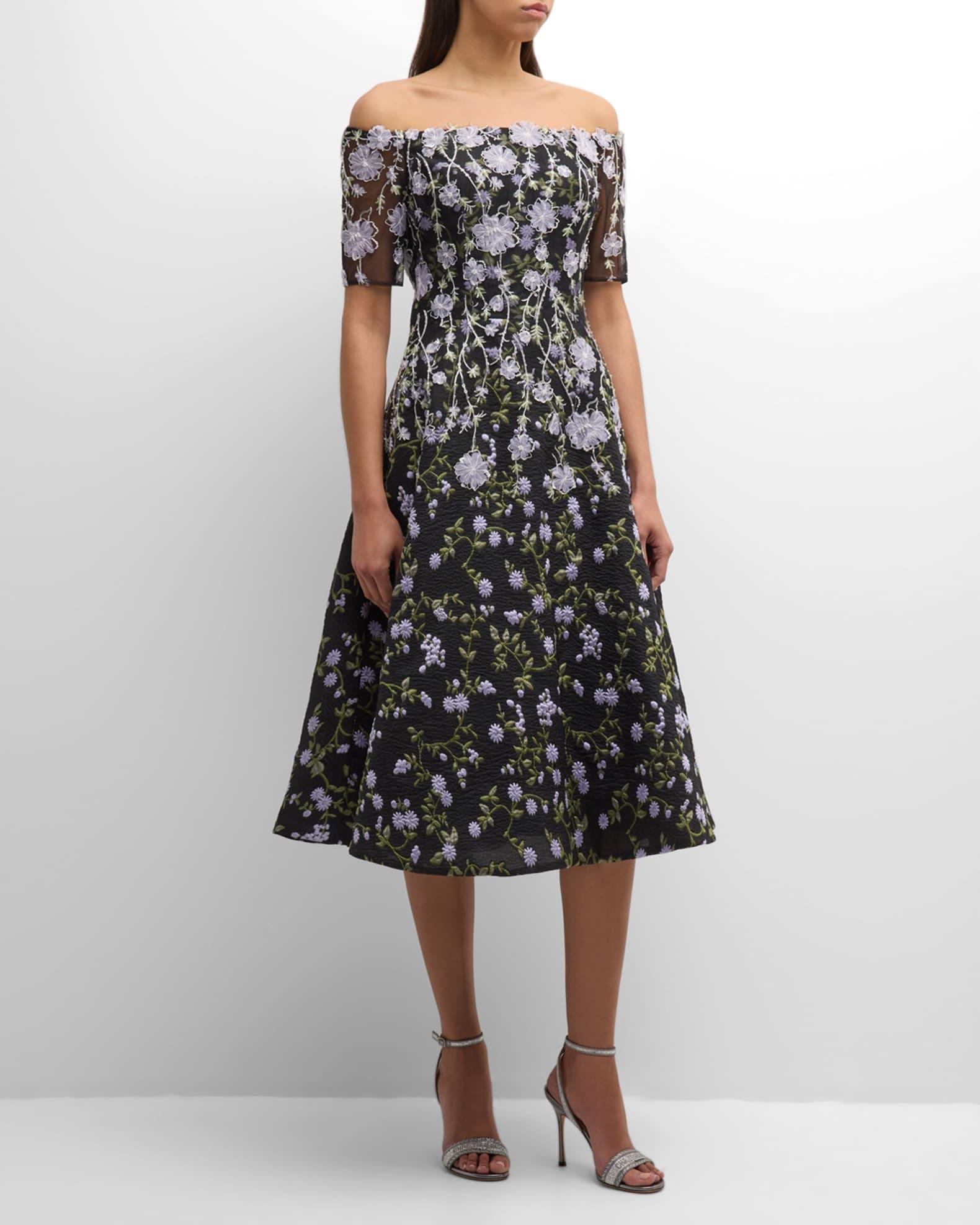 Floral-Embroidered Off-Shoulder Midi Dress Product Image