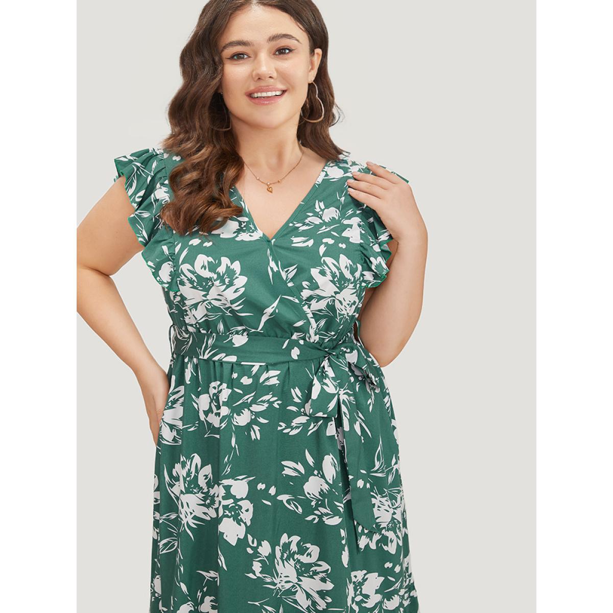 Plus Size Floral Print Belted Ruffle Cap Sleeve Pocket Dress Green Women Elegant Wrap V-neck Cap Sleeve Curvy Midi Dress BloomChic 22-24/3X Product Image