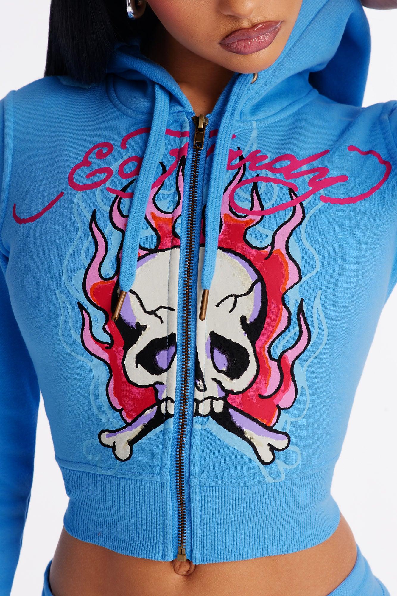 Ed Hardy Pink Flame Skull Fleece Short Set - Blue Female Product Image