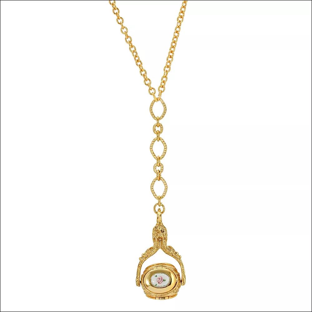 1928 Gold Tone Three-Sided Floral Spinner Locket Drop Necklace, Womens Product Image