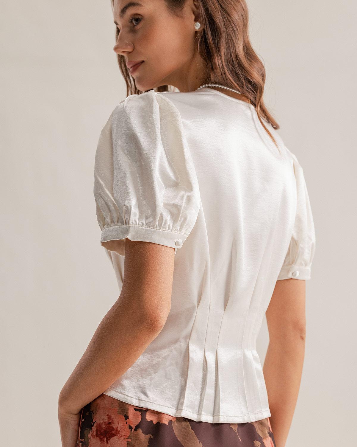 White Satin V Neck Ruched Blouse Product Image