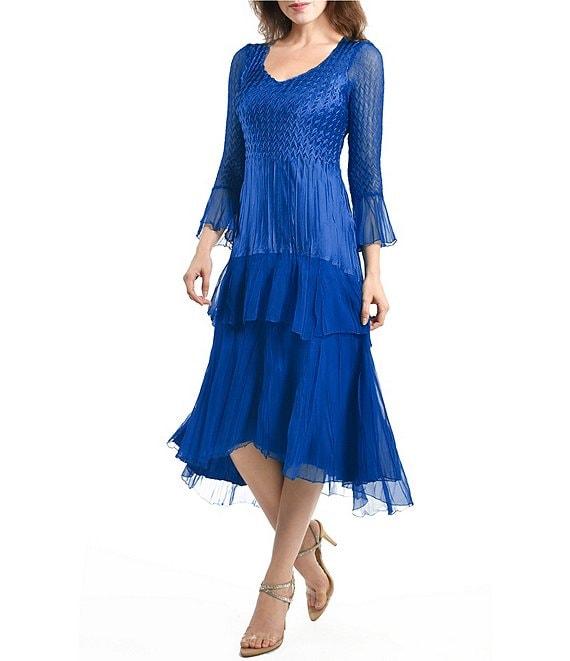 Komarov Charmeuse Lace V Neck 3/4 Sleeve Tiered Midi Dress Product Image