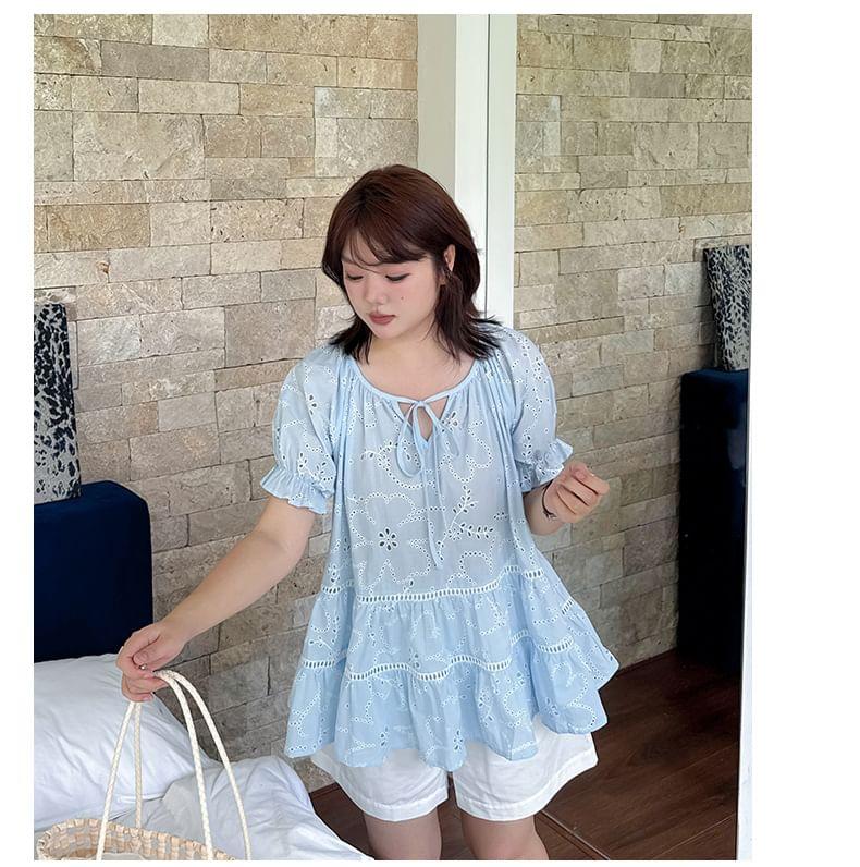 Plus Size Puff-Sleeve Notch Neck Embroidered Perforated Tie Front Blouse Product Image