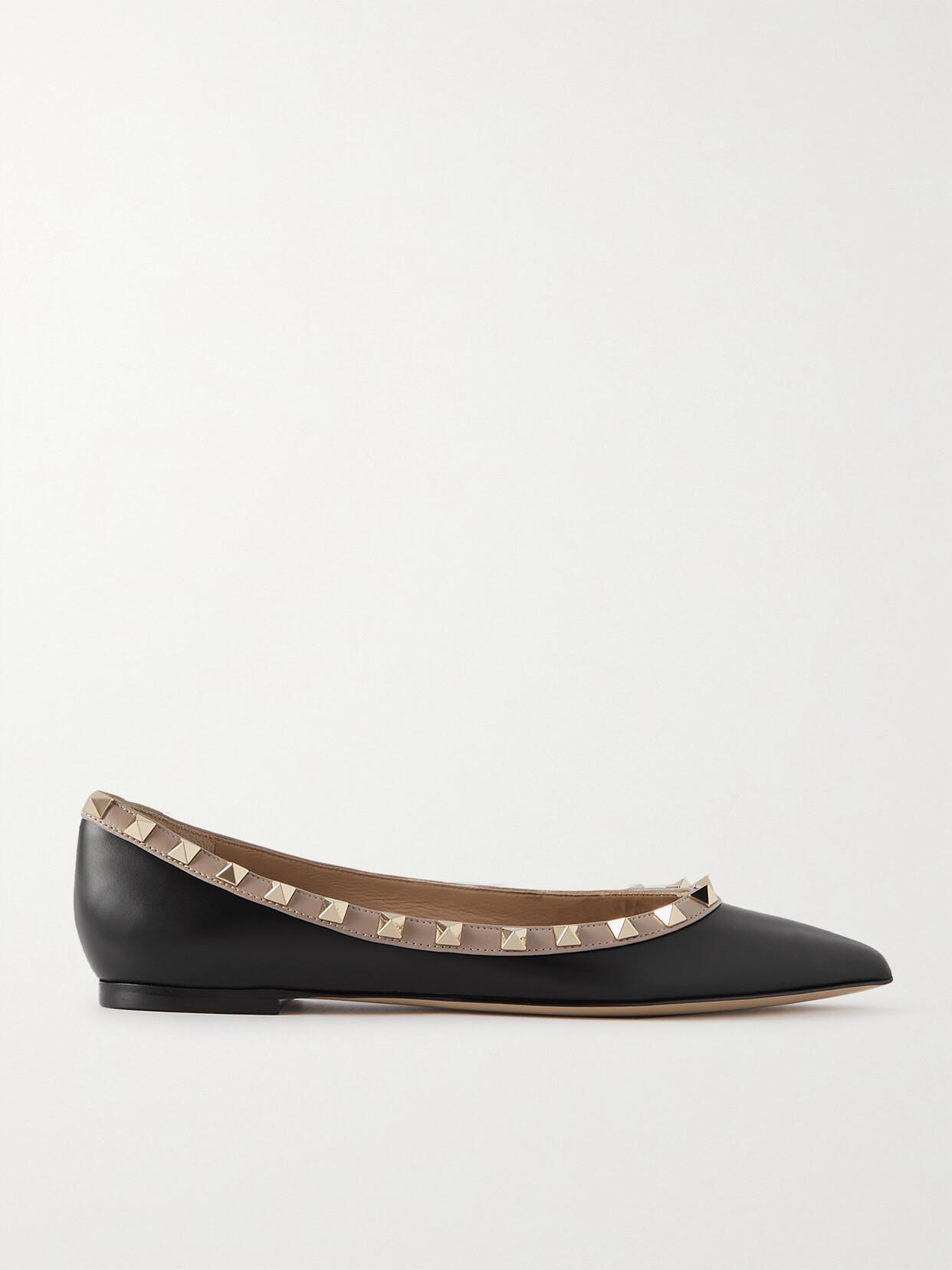 VALENTINO GARAVANI Pointed Toe Studded Trim Flat Sole Ballerina In Black Product Image
