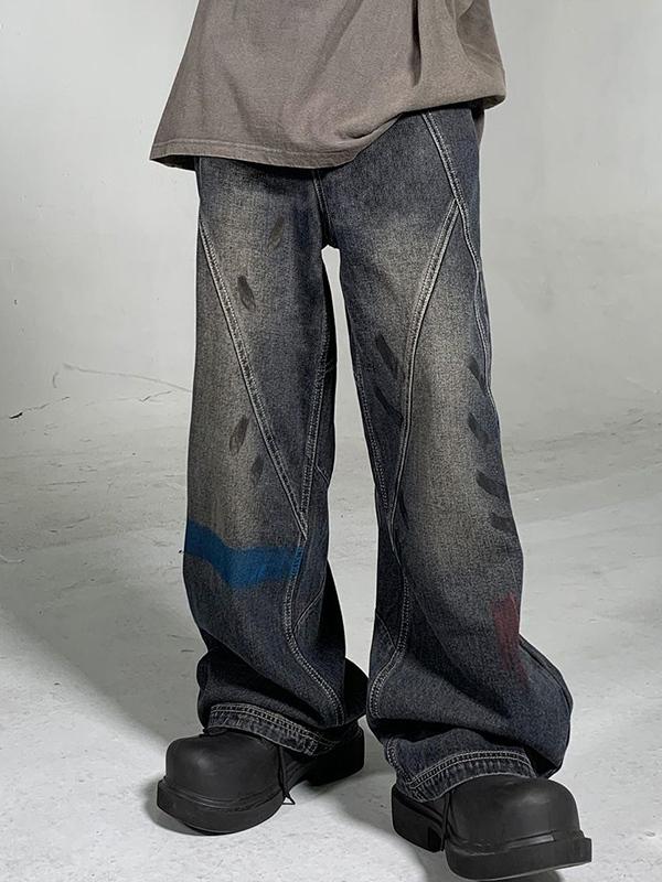 Men's Street Distressed Splice Graffiti Print Loose Jeans Product Image