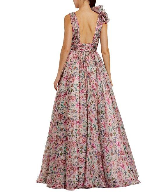 Mac Duggal Chiffon Floral Print V Neck Sleeveless Ruffle A-Line Gown Product Image
