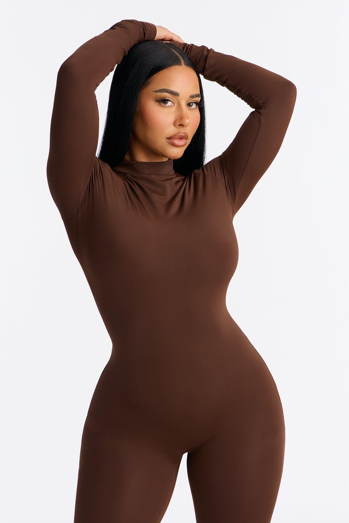 Francesca Mock Neck Footed Catsuit - Chocolate Female Product Image