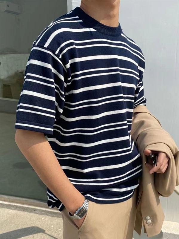 Short-Sleeve Crew Neck Striped Knit Top Product Image