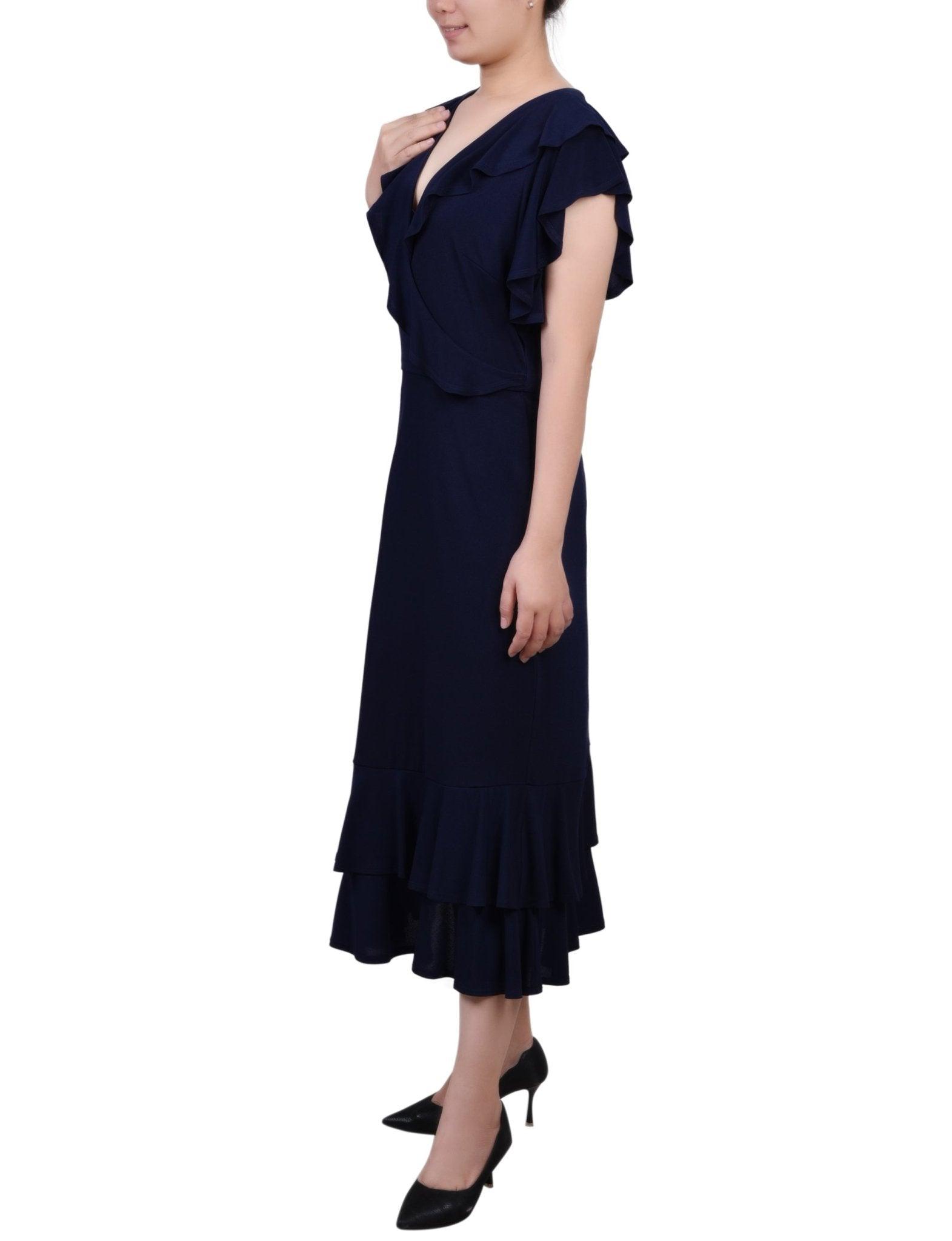 Navy Short flutter Sleeve Ruffle Neck Dress - Petite Product Image