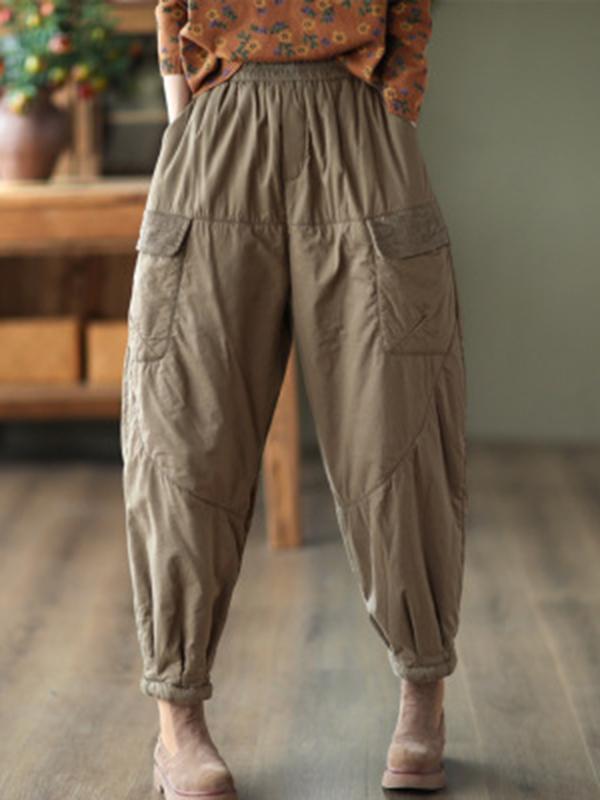 Vintage Loose Split-Joint Solid Color Elastic Waist Padded Harem Pants Product Image