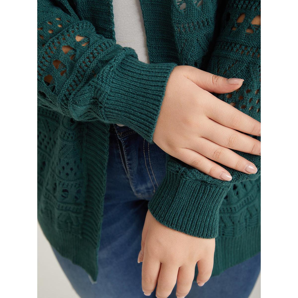 Plus Size Geometric Eyelet Open Front Loose Cardigan Cyan Women Casual Loose Long Sleeve Office Cardigans BloomChic 14-16/1X Product Image