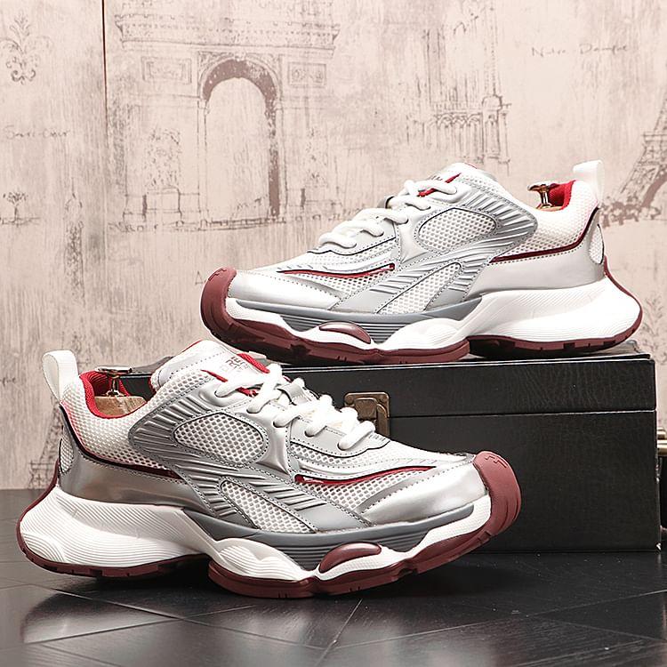 Hidden Wedge Mesh Panel Lace-Up Faux Leather Sneakers Product Image