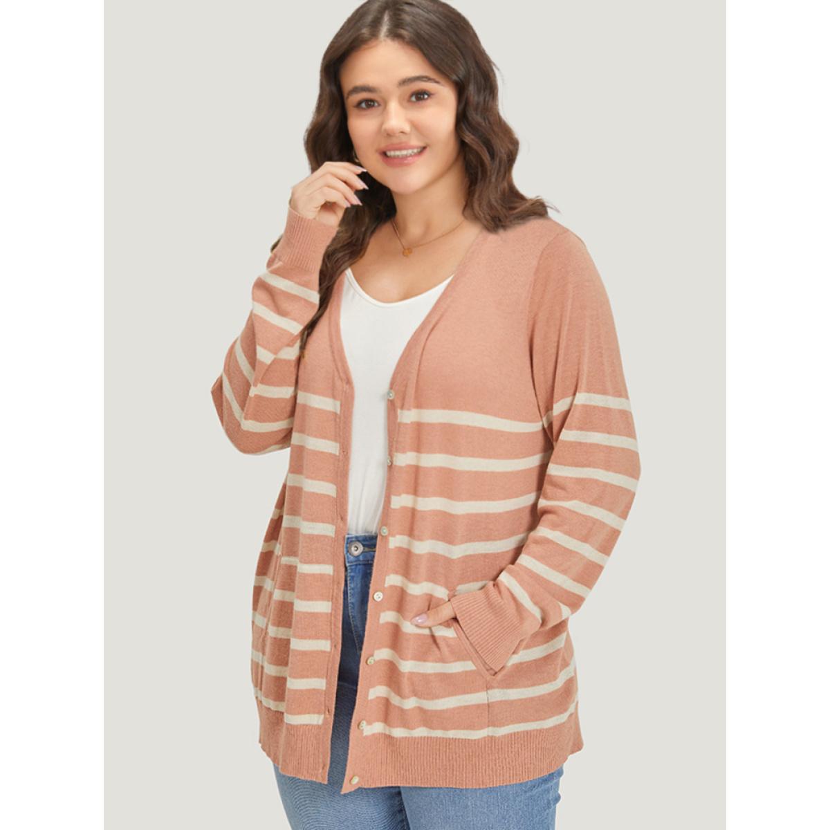 Plus Size Supersoft Essentials Striped Pocket Button Through Cardigan Crepe Women Leisure Loose Long Sleeve Casual Cardigans BloomChic 22-24/3X Product Image