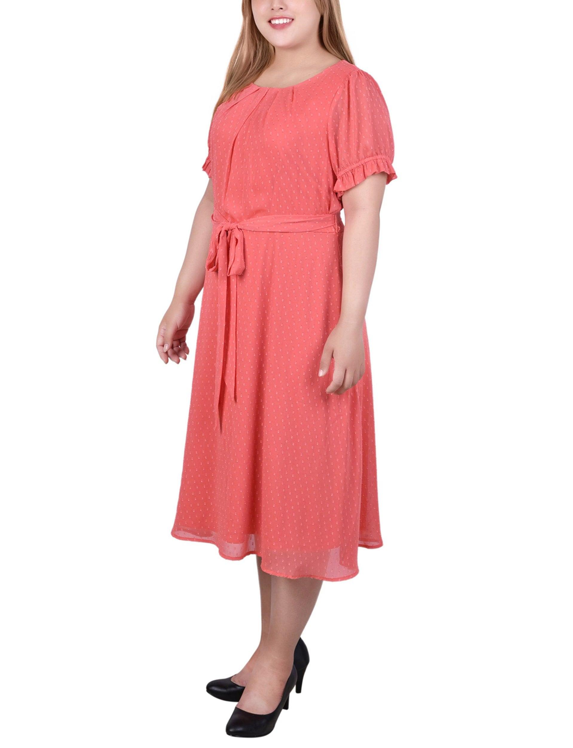 Spiced Coral Rectangle Short Sleeve Belted Swiss Dot Dress - Plus Product Image
