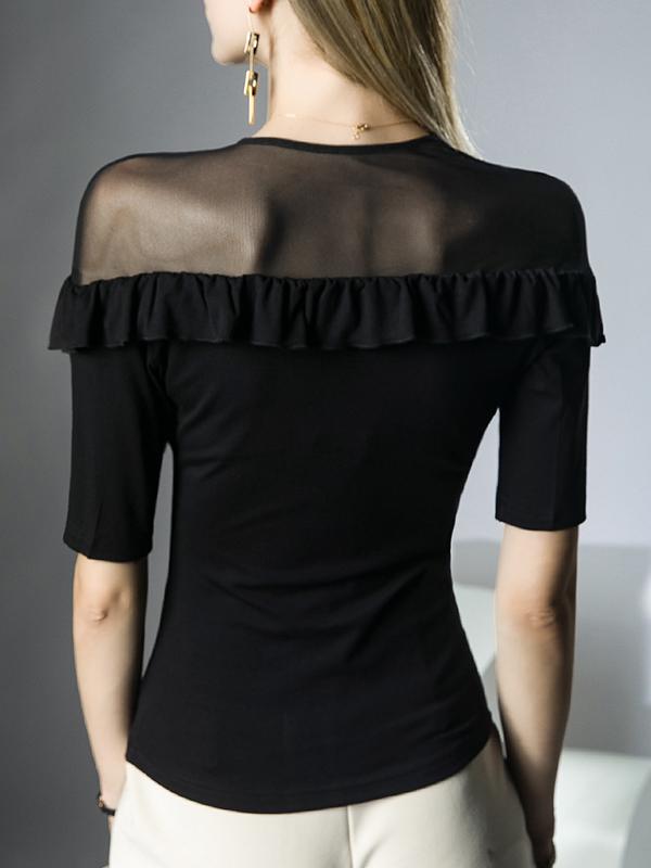 Half Sleeves Skinny Pleated Ruffle Trim Solid Color Split-Joint V-Neck T-Shirts Tops Product Image