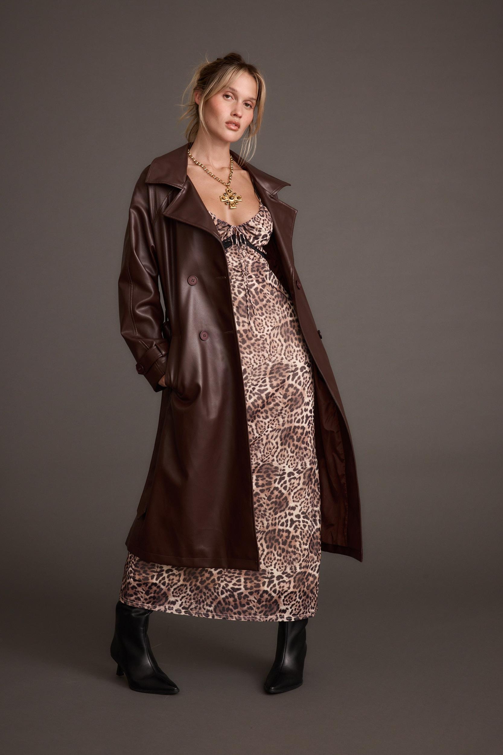 Brynne Faux Leather Mahogany Brown Trench Product Image