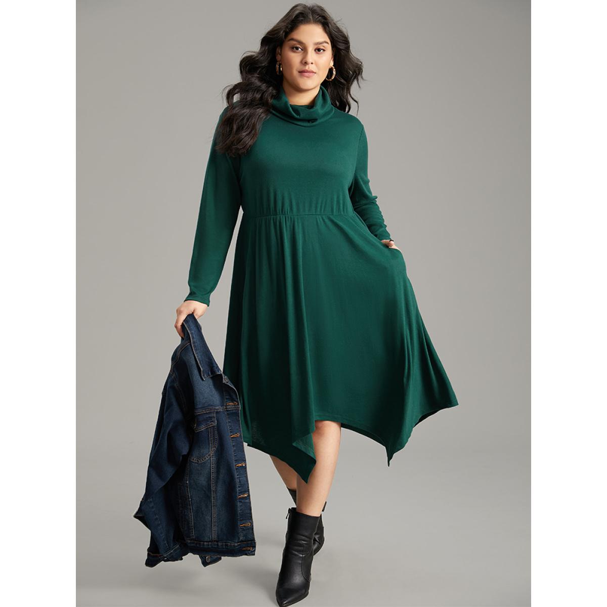 Plus Size Solid Turtleneck Hanky Hem Pocket Dress DarkGreen Women Casual Plain Turtleneck Long Sleeve Curvy Midi Dress BloomChic 22-24/3X Product Image