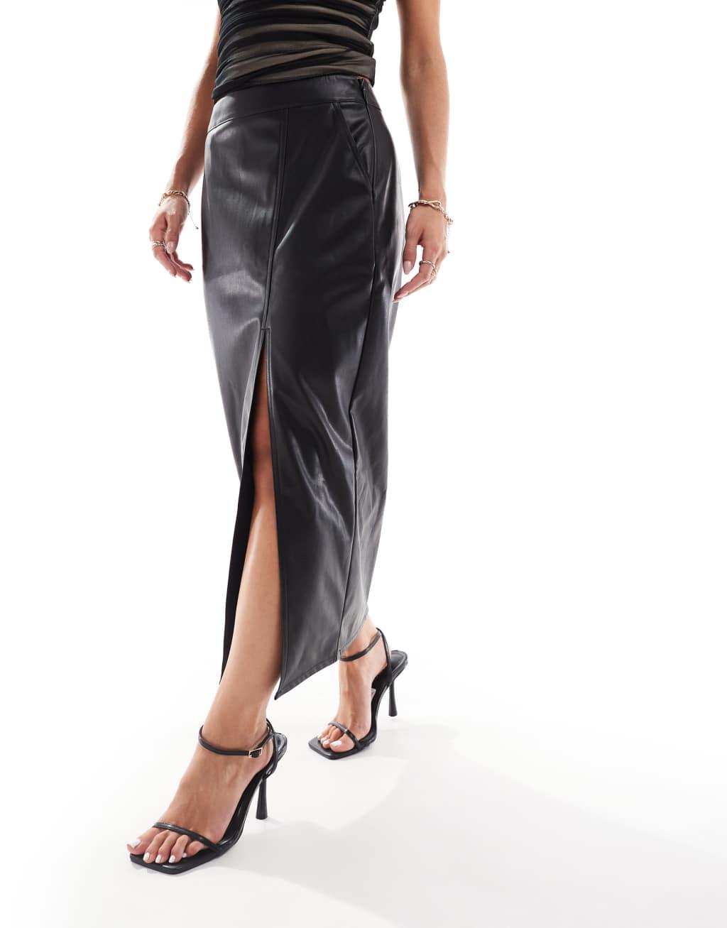 ASOS DESIGN Petite leather look maxi skirt with side slit in black Product Image