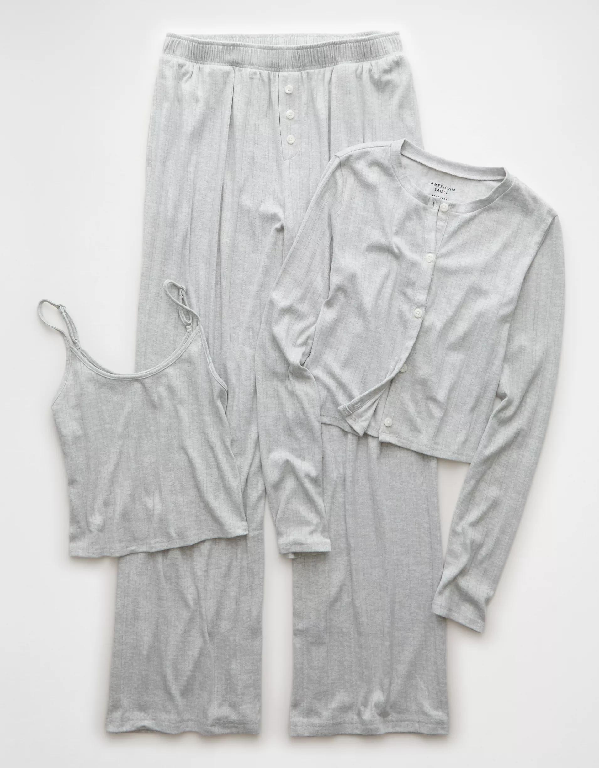 AE 3-Piece Pointelle Plush Cardigan Pajama Set Product Image