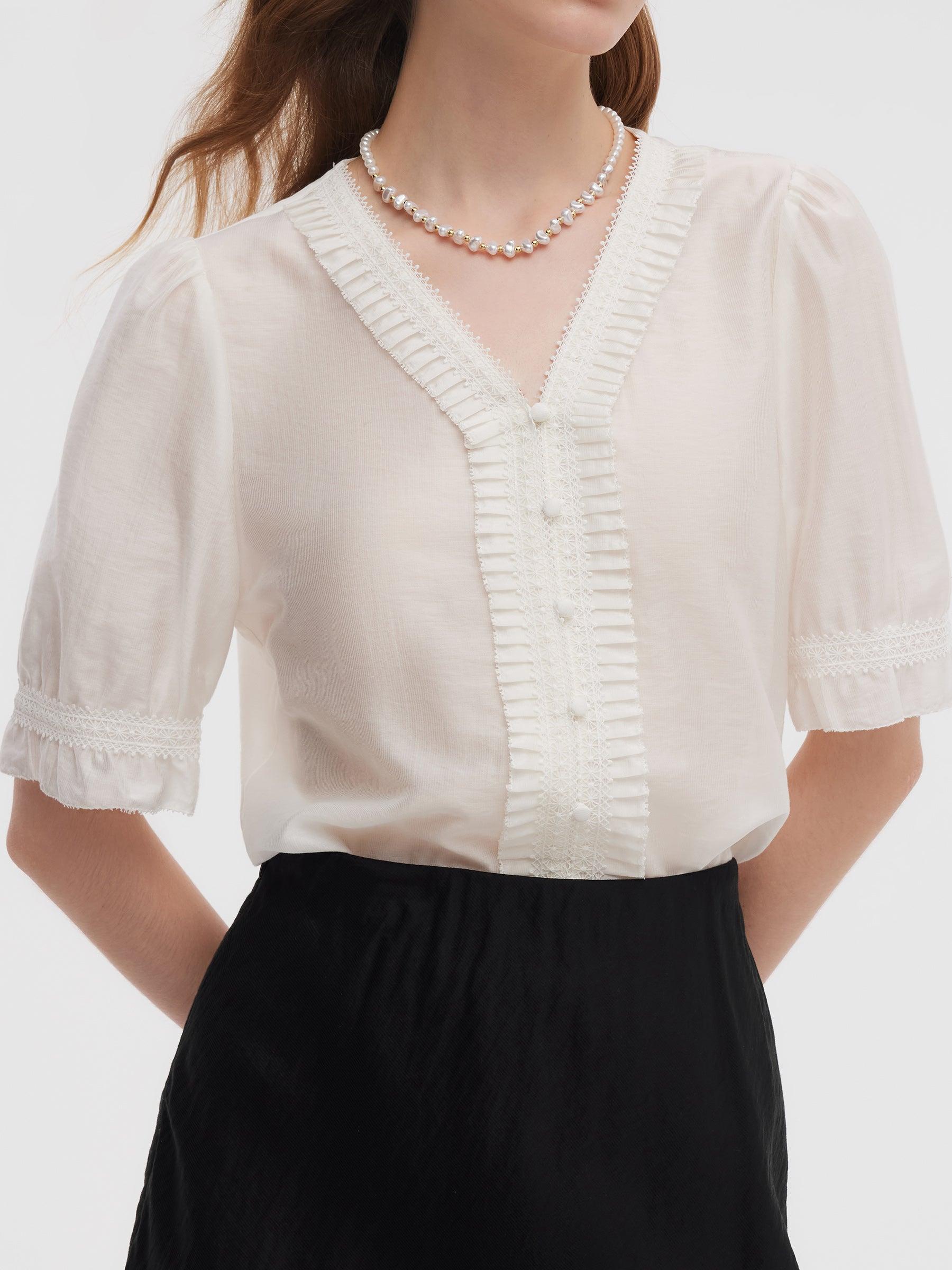Tencel Blend V-Neck Women Blouse Product Image