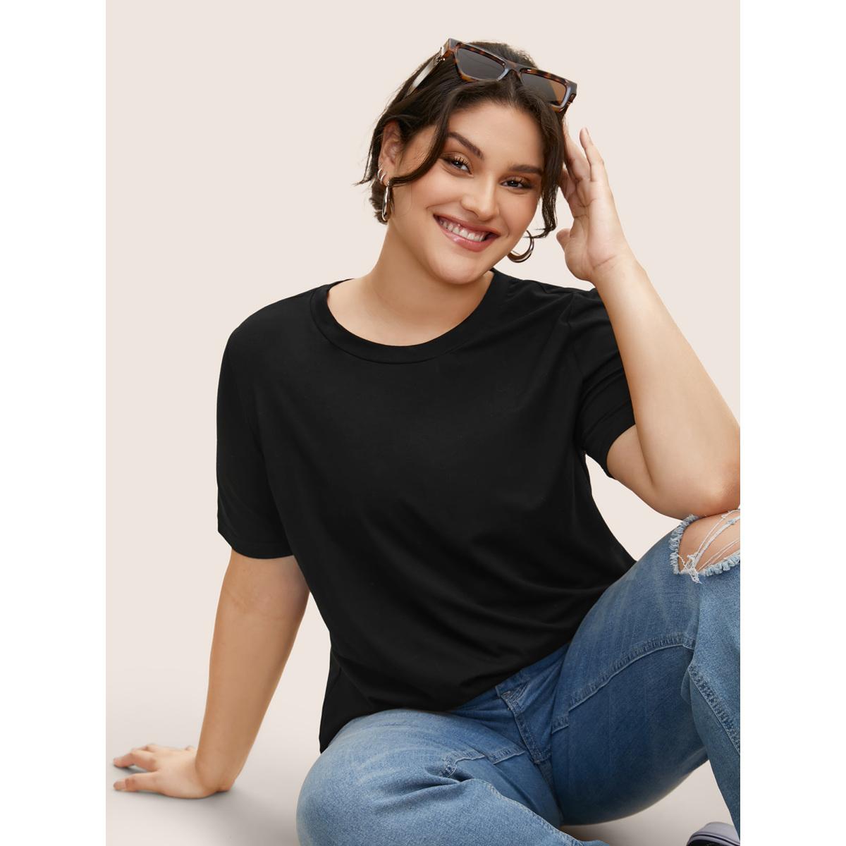 Plus Size Cotton Solid Basic Crew Neck Stretched T-shirt Black Women Basics Non Round Neck Everyday T-shirts BloomChic 12/L Product Image