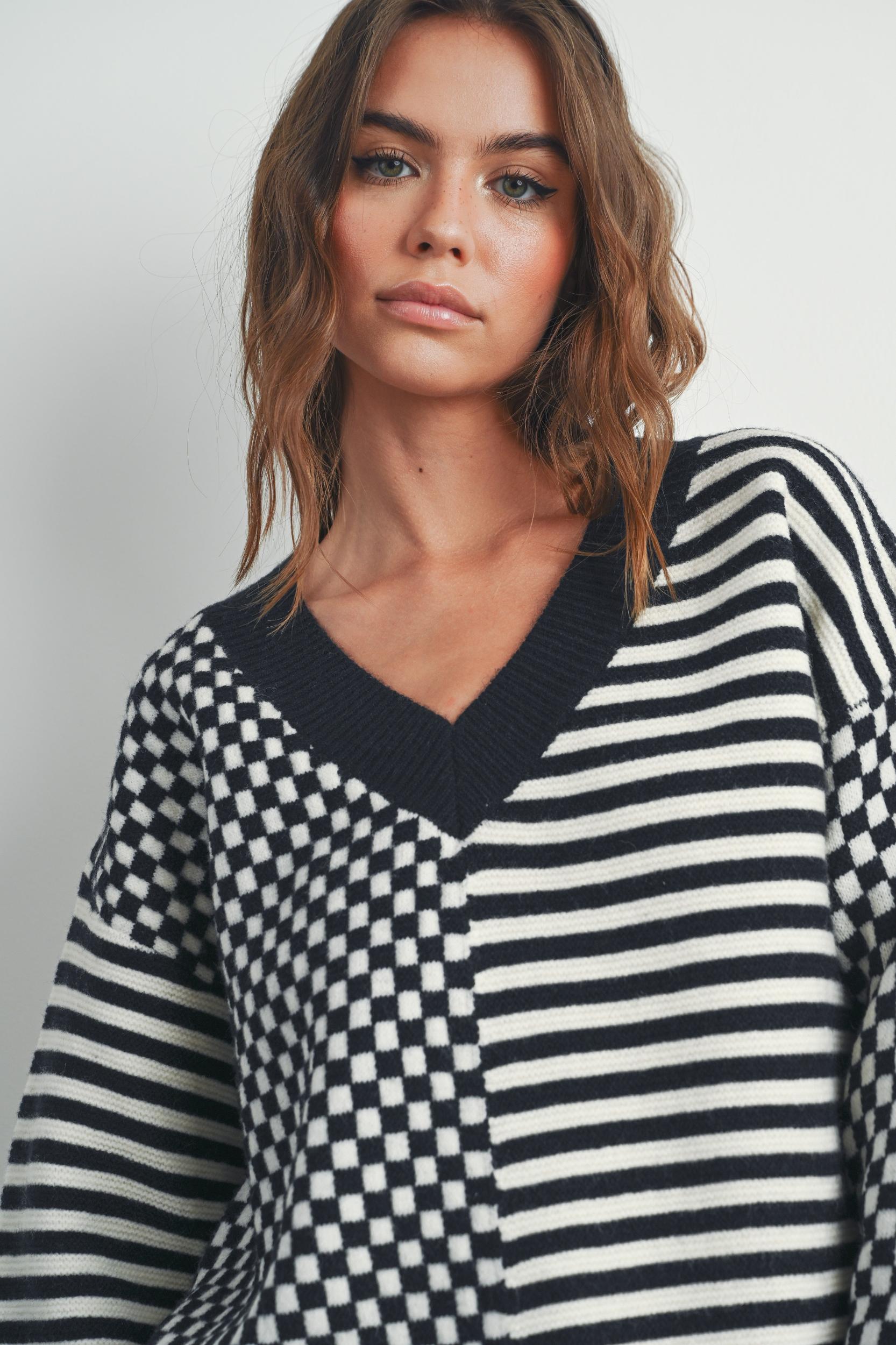 Checker V neck Cozy Sweater Product Image