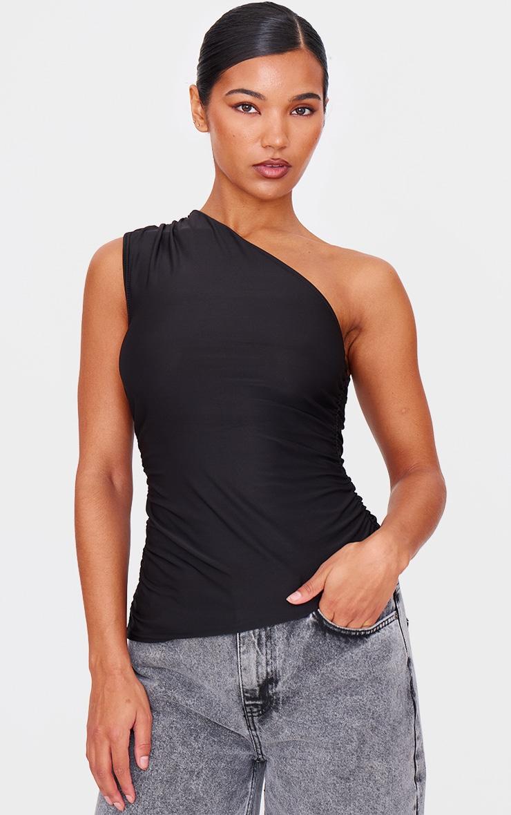 Black Asymmetric Ruched Side Longline Top Product Image
