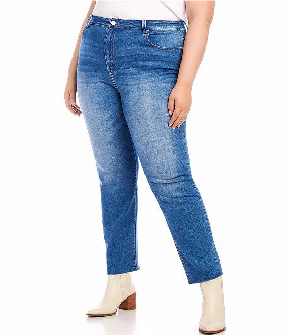Karen Kane Plus Size High Rise Raw Hem Straight Leg Jeans Product Image