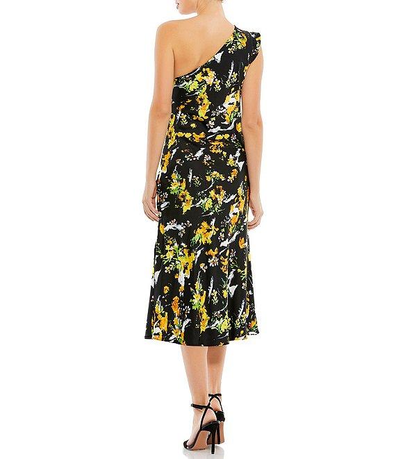 Mac Duggal Asymmetrical One Shoulder Sleeveless Floral Print Midi Dress Product Image