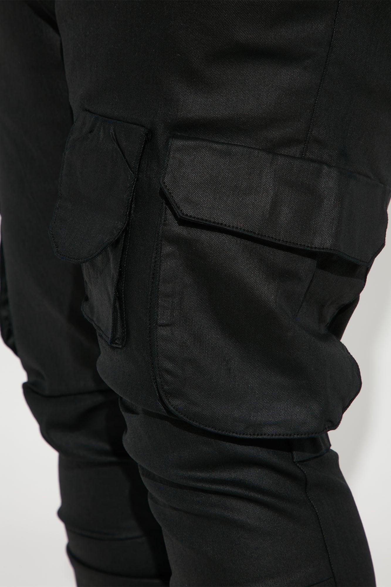 Flap Pockets Waxed Stacked Skinny Cargo Jeans - Black Product Image