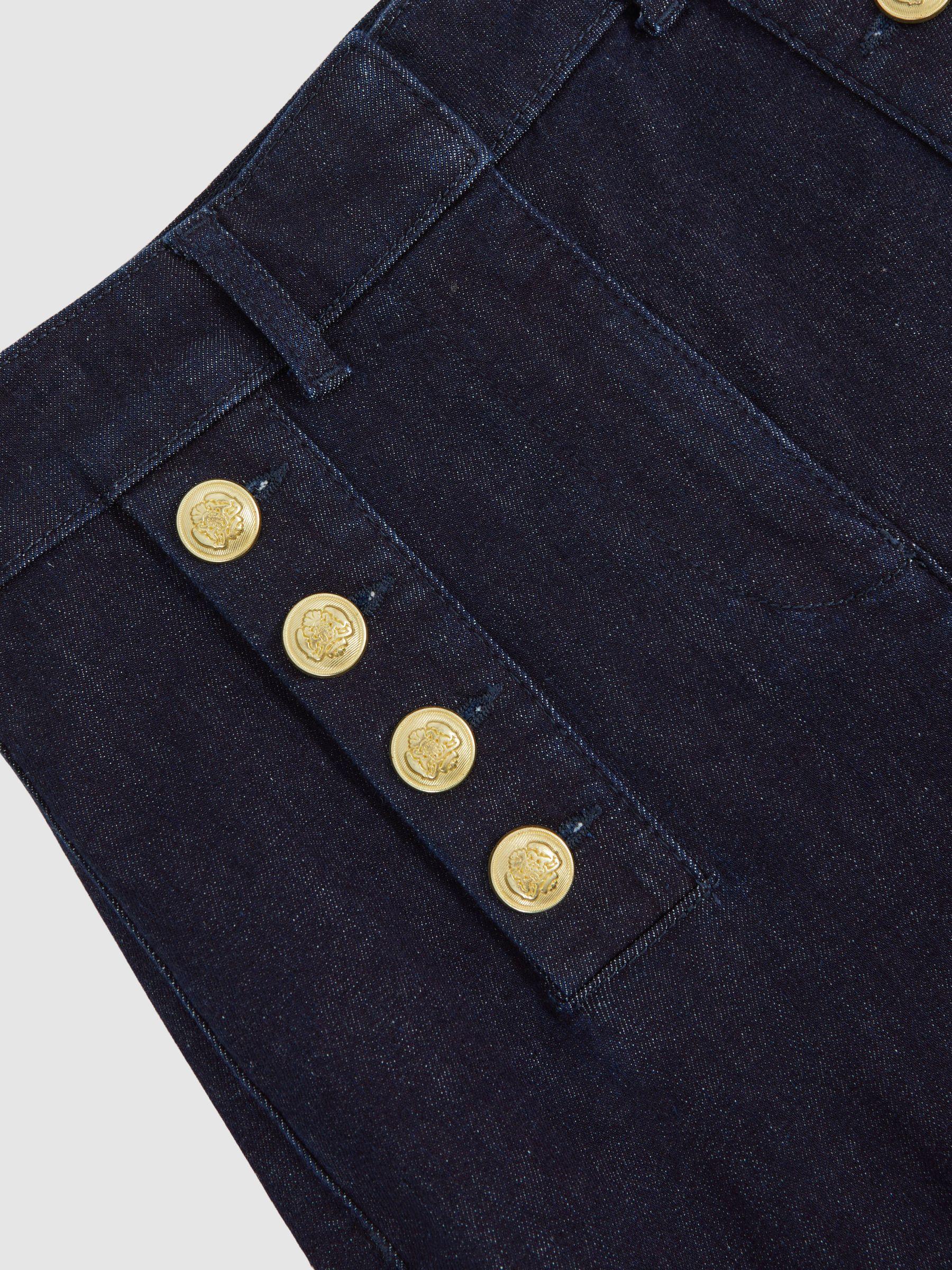 Petite Button-Detail High-Rise Flared Jeans in Dark Blue Product Image
