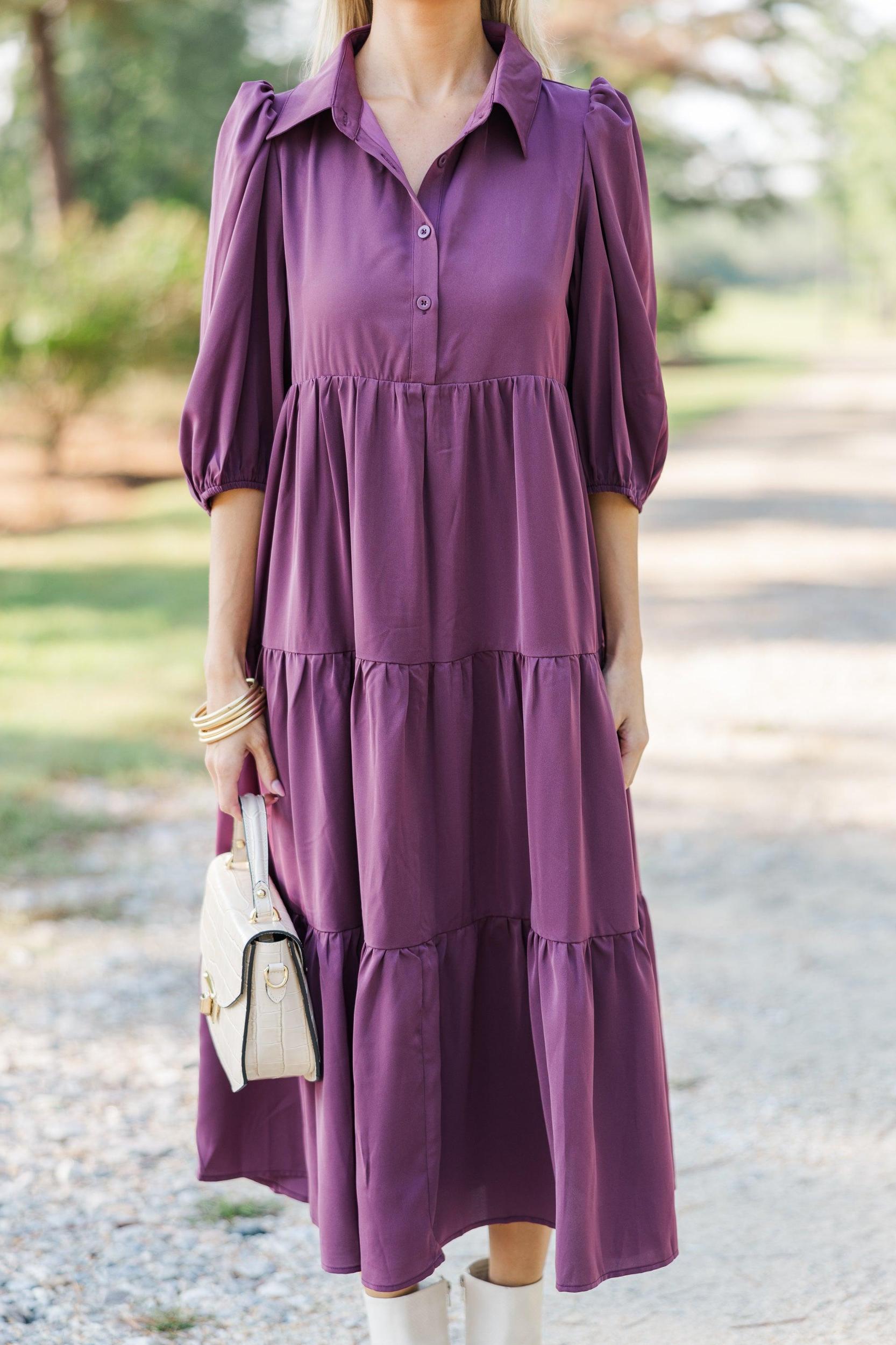 Love Found Plum Purple Tiered Midi Dress Female Product Image