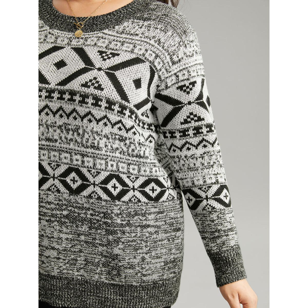 Plus Size Bandana Print Heather Loose Pullover Black Women Casual Loose Long Sleeve Round Neck Dailywear Pullovers BloomChic 12/L Product Image