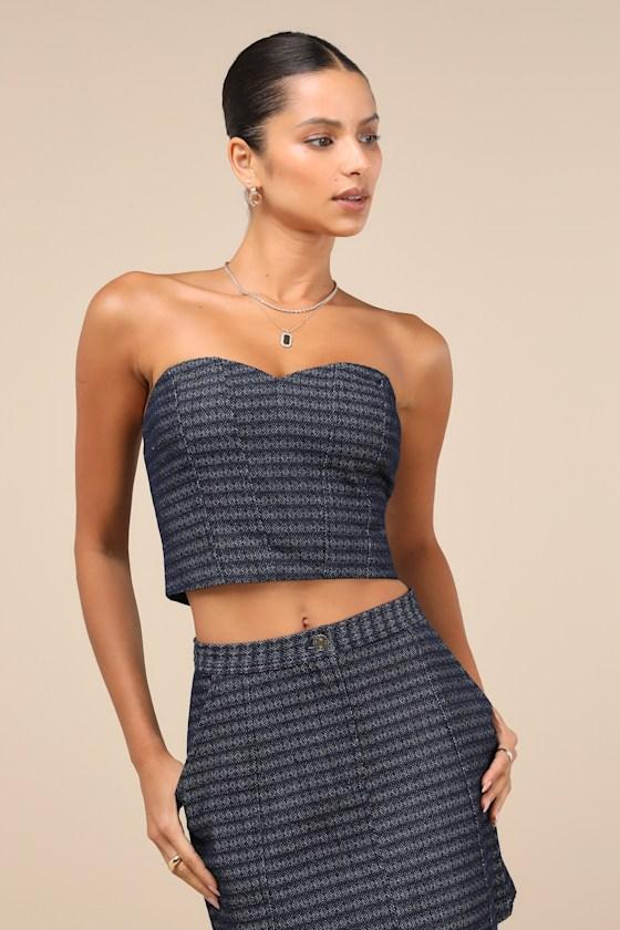 Carefree Fantasy Navy Blue Tweed Strapless Crop Top Product Image