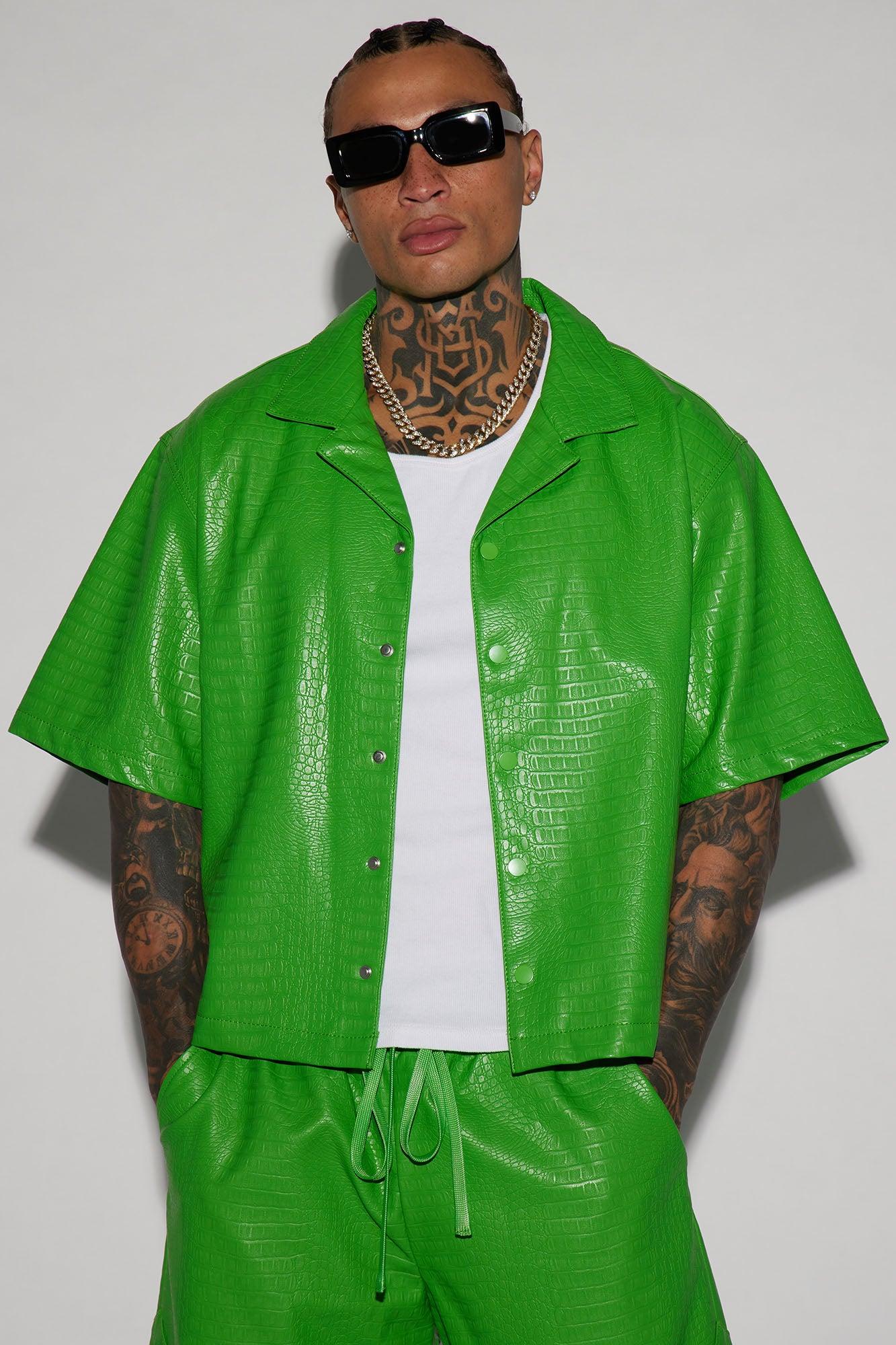 Gotta Run Faux Croc Leather Cropped Button Up Shirt - Green Product Image