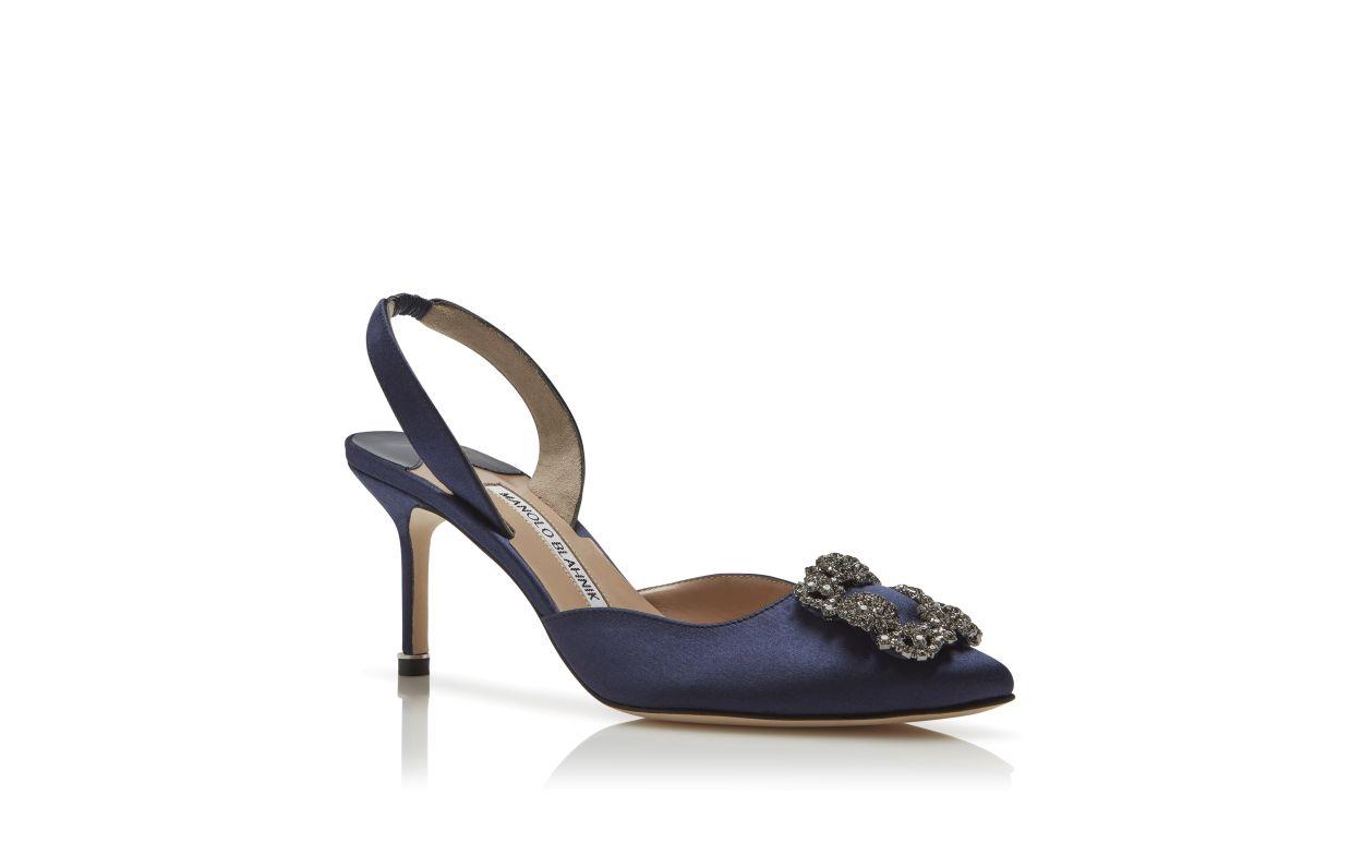 HANGISLI Navy Blue Satin Jewel Buckle Slingback Pumps Product Image
