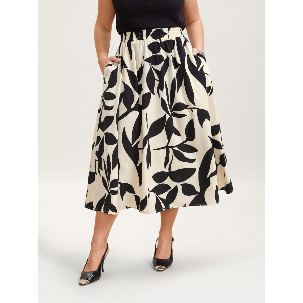 Plus Size Leaf Print Stretchy-Waist Midi Skirt Women Apricot Elegant Contrast Loose No stretch Slanted pocket Everyday Skirts BloomChic 18-20/2X Product Image