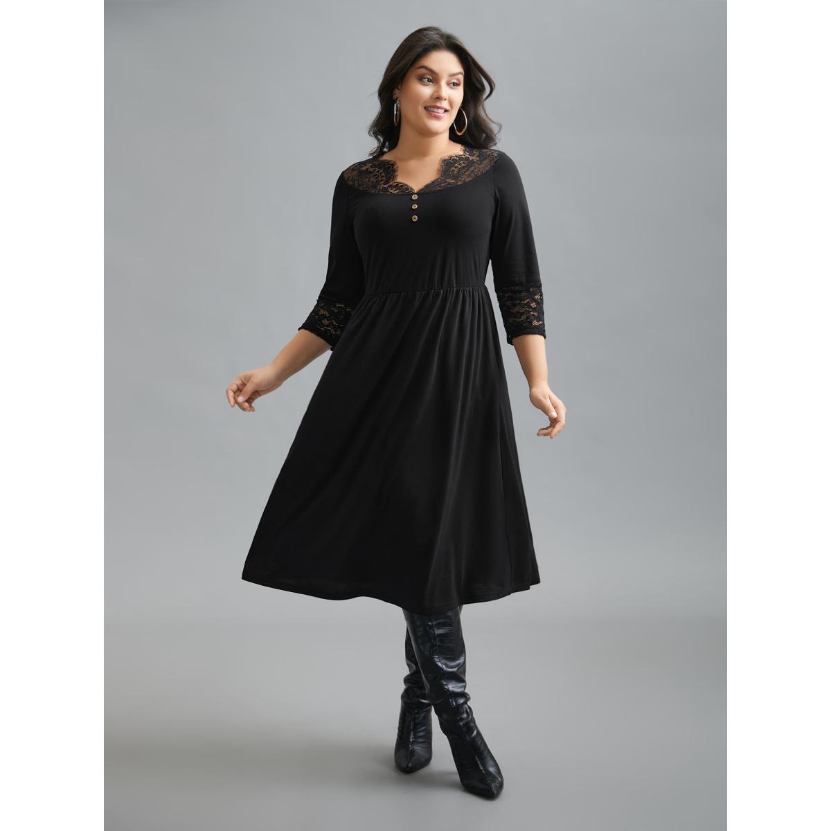 Plus Size Lace Trim Stitch Button Detail Dress Black Women Elegant Woven ribbon&lace trim Knit Dresses Bloomchic 12/L Product Image