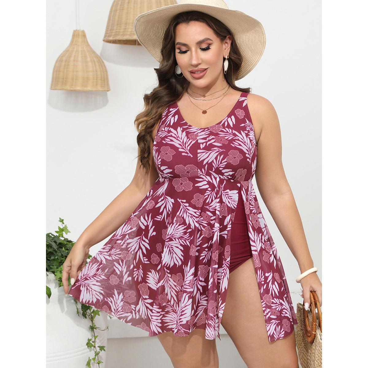 Plus Size Floral Print Adjustable Straps Flutter Split Hem Swim Dress Women's Swimwear RedViolet Vacation Bodycon Round Neck High stretch Curve Swim Dresses BloomChic 30/6X Product Image