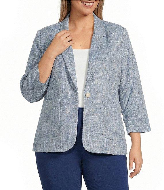 Investments Plus Size Scratch Pattern 3/4 Ruched Sleeve Notch Lapel Lined Button Front Blazer Product Image